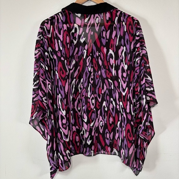 Bob Mackie Leopard Print Sheer Chiffon Collared Button Down Poncho Blouse Size M - Picture 5 of 6